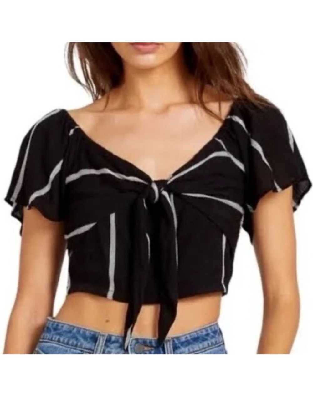 NWT VOLCOM Coco Linen Tie Front Crop Top Black White Stripe L